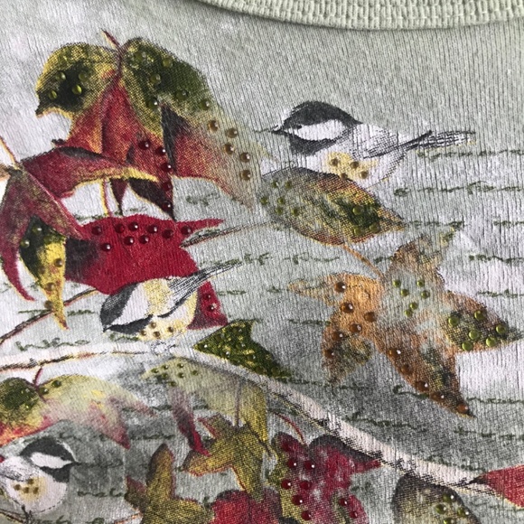Pleasant Shade Tee Top 2x Birds Barns Leaves 3/4 Sleeve Cotton Bedazzled Bling - Picture 4 of 8